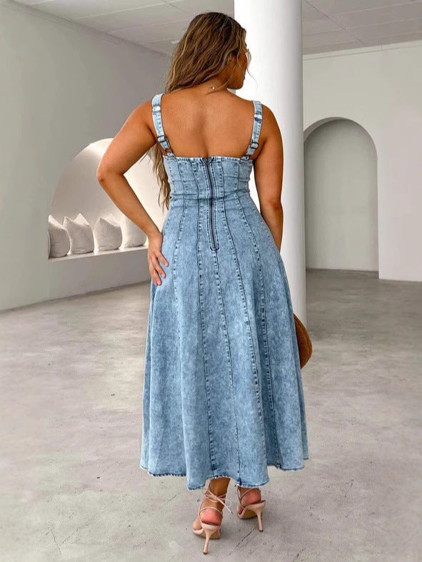 Trendy Denim Dress with Straps Classic Casual Look