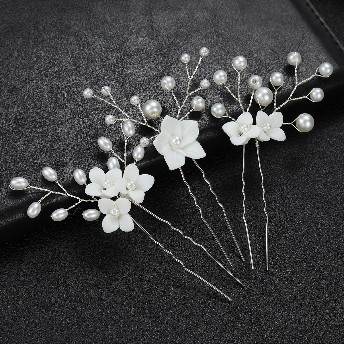Bridal Wedding Hair Accessories Set of 3 White Floral U-Shaped Hair Pins