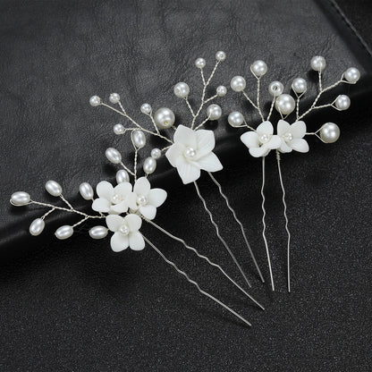 Bridal Wedding Hair Accessories Set of 3 White Floral U-Shaped Hair Pins
