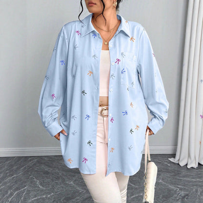Plus Size Women's Shirt Jacket with Bow Print Long Sleeves Casual Blouse