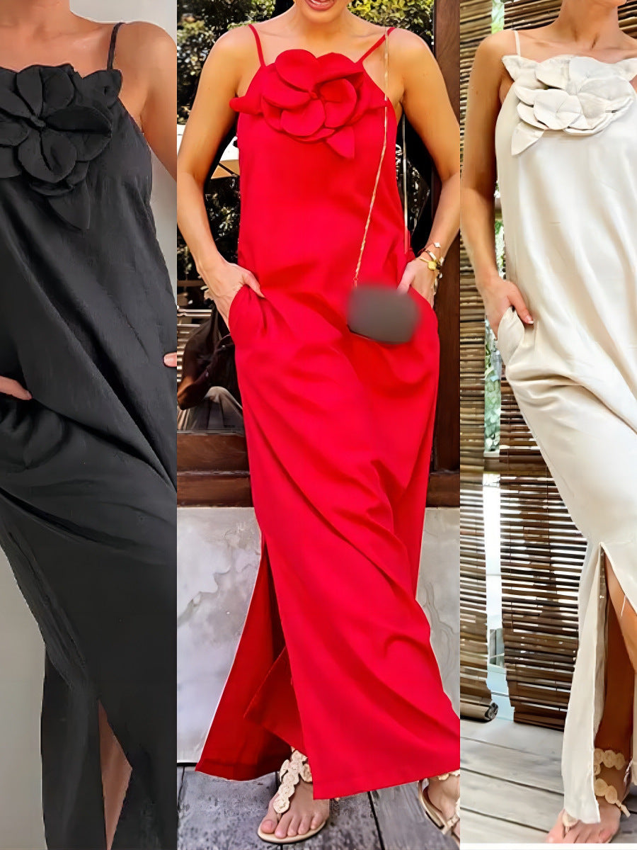 3D Floral Strapless Linen Maxi Dress for Trendy Street Style