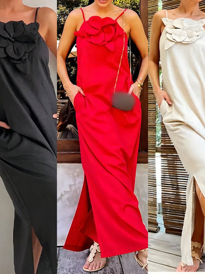 3D Floral Strapless Linen Maxi Dress for Trendy Street Style