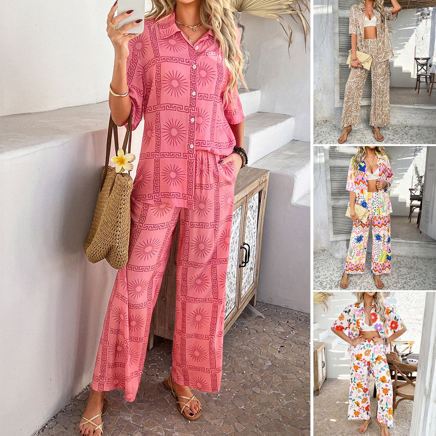 Bohemian Geometric Color-Block Cardigan and Wide-Leg Pants Set