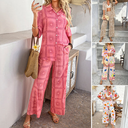 Bohemian Geometric Color-Block Cardigan and Wide-Leg Pants Set