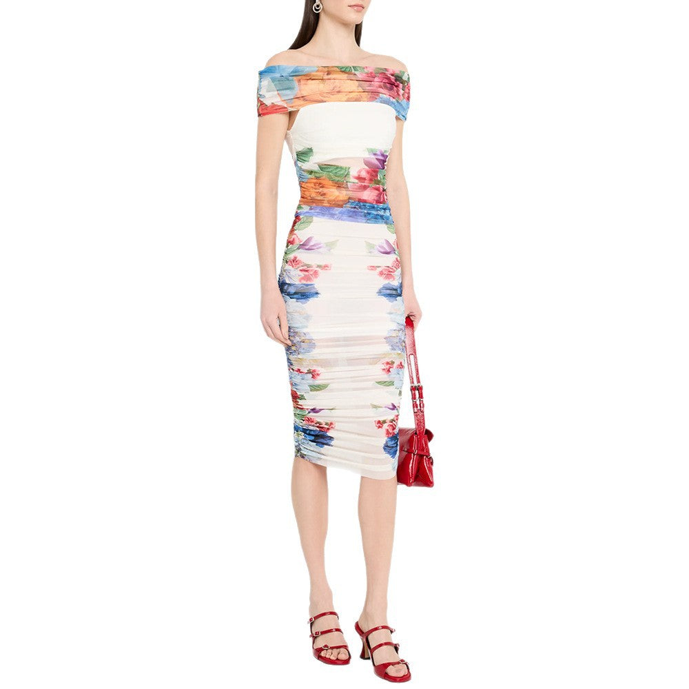 Fashionable One-Shoulder Mesh Printed Top And Elastic Midi Skirt Set