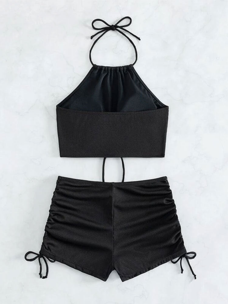 2PCS Solid Color Halter Drawstring Swimwear