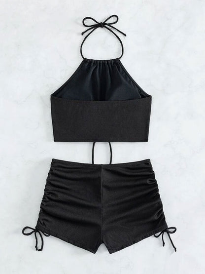 2PCS Solid Color Halter Drawstring Swimwear