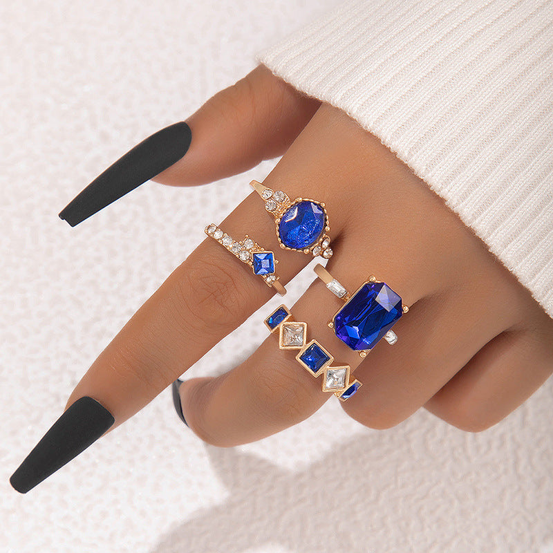 Geometric Gemstone Ring Set Fashionable Zinc Alloy Stackable Rings