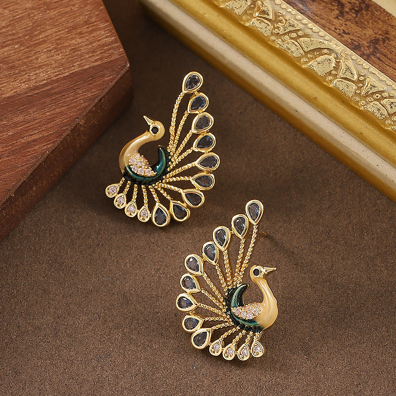 Elegant Peacock Drop Earrings With Crystal Accents
