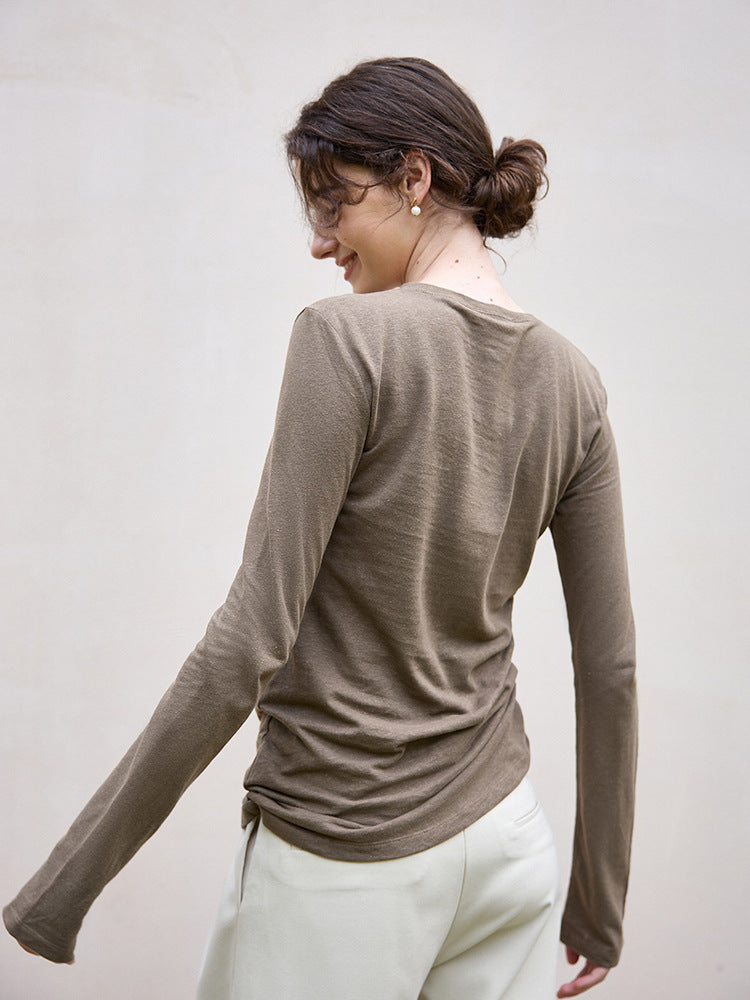 Asymmetrical High-End Linen Knit Top Elegant Casual Long Sleeve Shirt