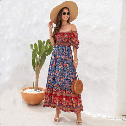 Bohemian Beach Resort Dress One Shoulder Puff Sleeve Midi Dress