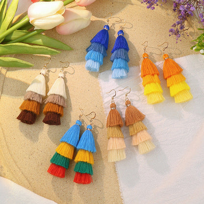 Bohemian Long Color Block Earrings With Tassels