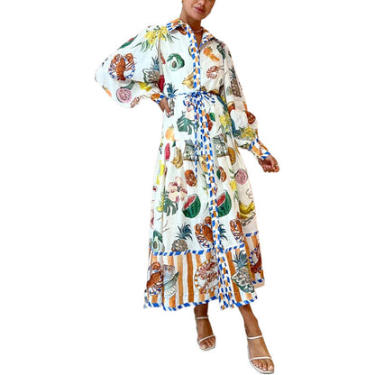 New Autumn Single-Breasted Graffiti Printed Lace Waist Dress