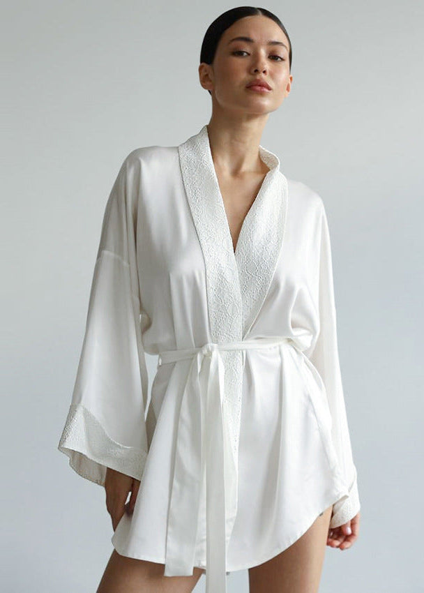 Satin Lace Trim Robe With Adjustable Waist Tie
