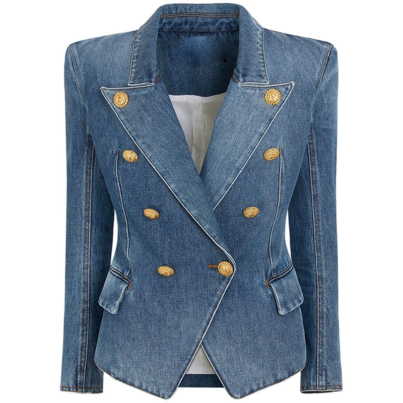 Slim Fit Double-Breasted Denim Blazer