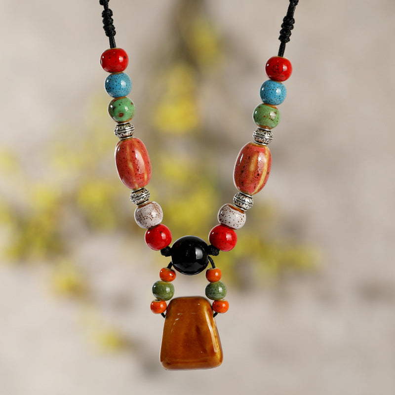 Retro Ethnic Style Ceramic Necklace For Women'S Simple Collar Chain Versatile Red Pendant Long Sweater Chain Pendant Accessories