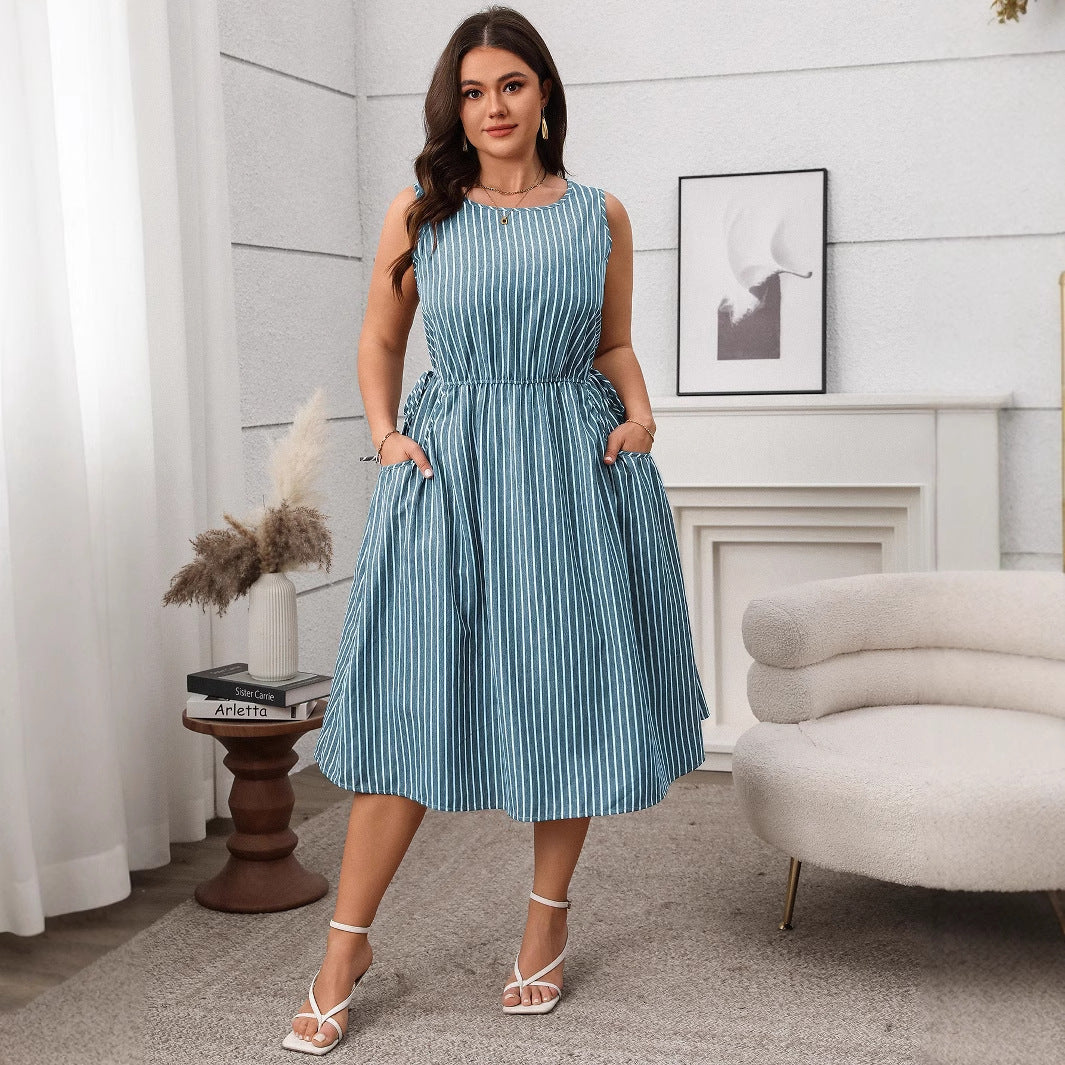 Stylish Striped Pocket Sleeveless Midi Dress For Casual Wear