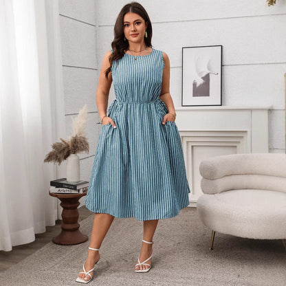 Stylish Striped Pocket Sleeveless Midi Dress For Casual Wear