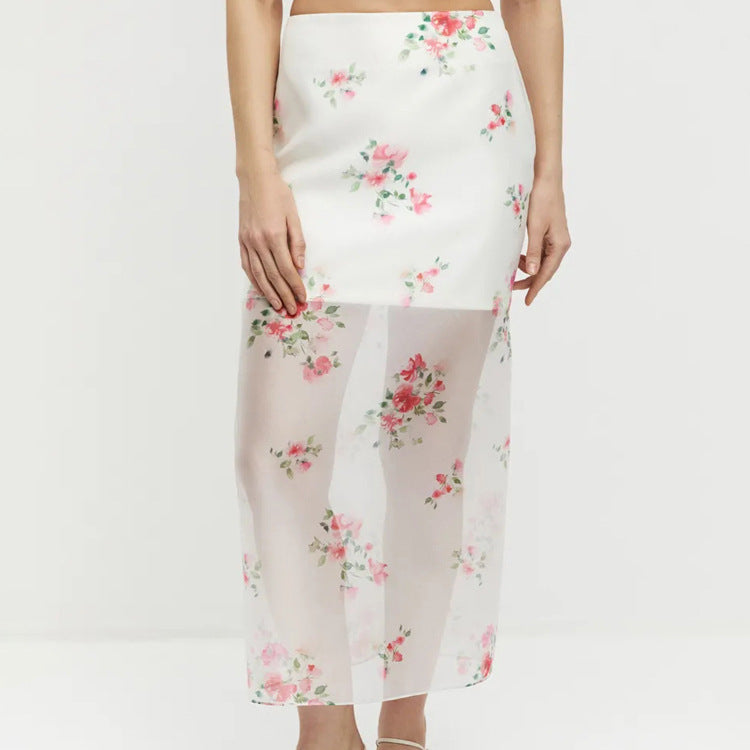 Digital Print Sheer High Waist Split Midi Skirt