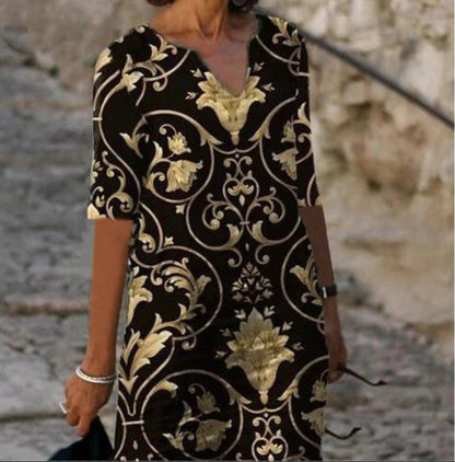 Abstract Print V-Neck A-Line Dress Comfortable Casual Fashion