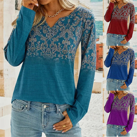 New Fashion Casual V-Neck Ethnic Style Long Sleeve T-Shirt