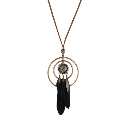 Indian Dreamcatcher Black Feather Tassel Necklace Fashion Jewelry