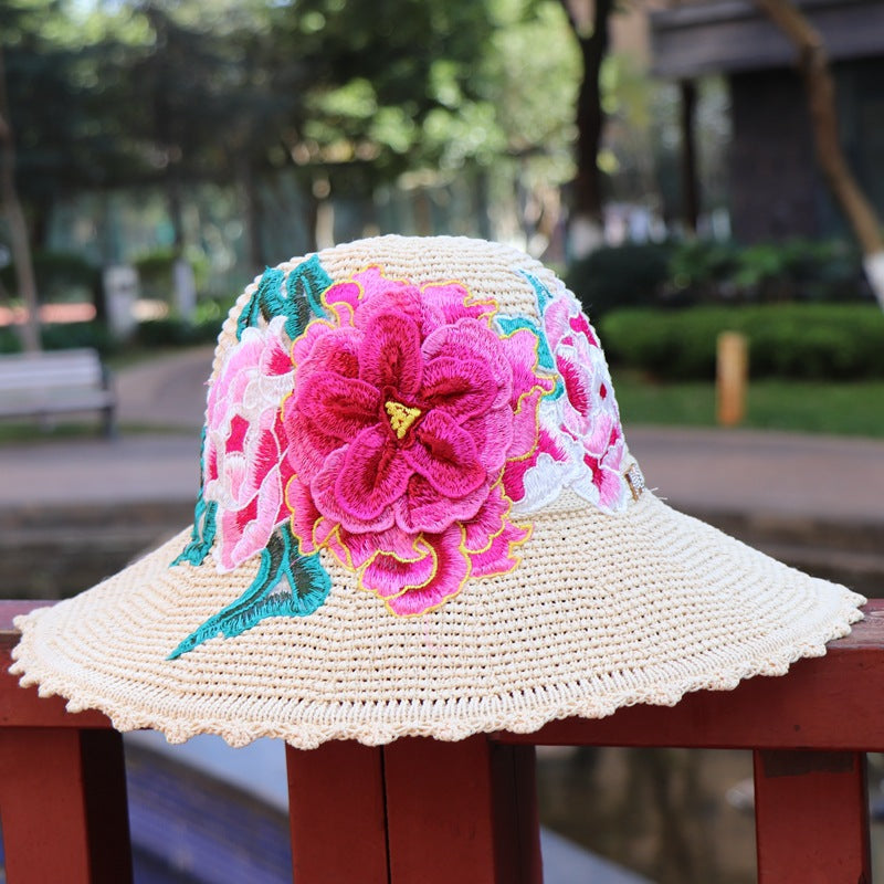 New Ethnic Style Embroidery Big Brim Hat Sun Visor Hat 3D Flower Hat Women'S Embroidery Hat
