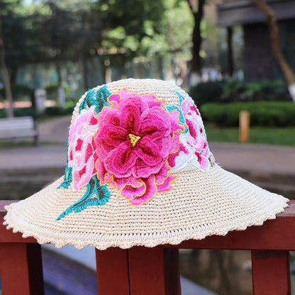 New Ethnic Style Embroidery Big Brim Hat Sun Visor Hat 3D Flower Hat Women'S Embroidery Hat