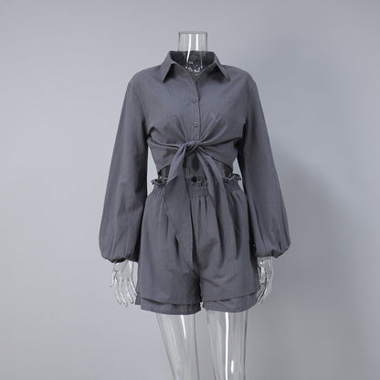 Cotton Puff Sleeve Top With Ruffle Edge Shorts Set Casual Outfit