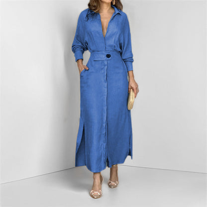 Women's Elegant V-Neck Maxi Dress with Belted Waist