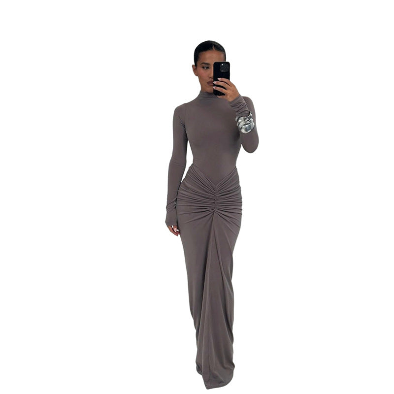 Elegant Solid Color Long Sleeve Maxi Dress With Ruching