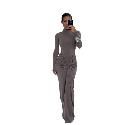 Elegant Solid Color Long Sleeve Maxi Dress With Ruching