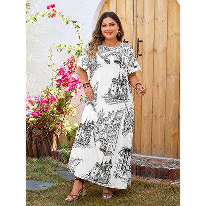 Chic Floral Maxi Dress Plus Size Short Sleeve Dress