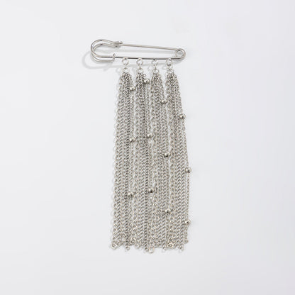 Trendy Metal Chain Tassel Brooch Pin With Stone Detail