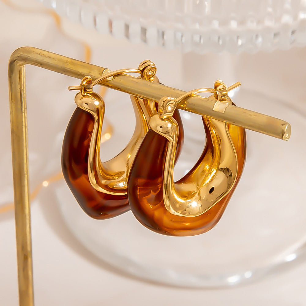 Amber Resin Earrings Vintage Hollow Design Stainless Steel Studs
