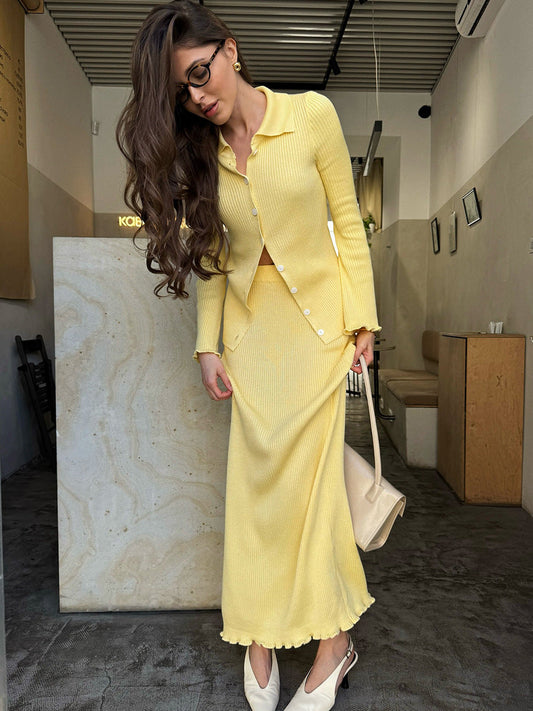 Polo Neck Long Sleeve Cardigan Skirt Set Casual Knitted Sweater