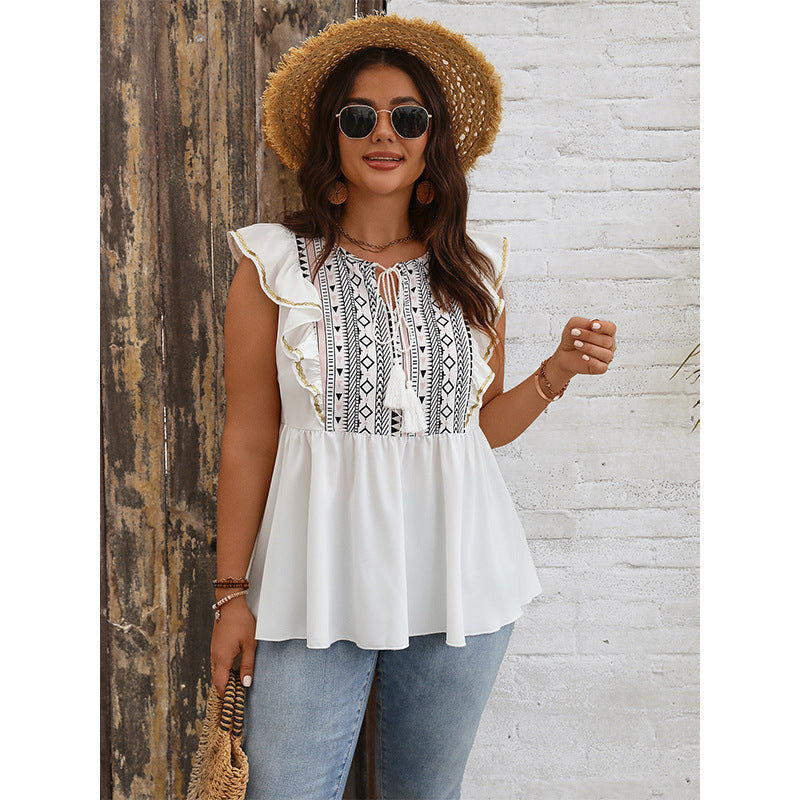 Loose-Fit Ruffled Hem Top Polyester Casual Shirt