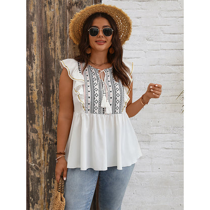 Loose-Fit Ruffled Hem Top Polyester Casual Shirt