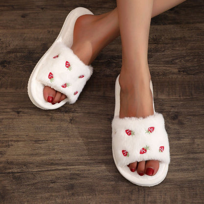 Plush Embroidery Cute Open Toe Slippers