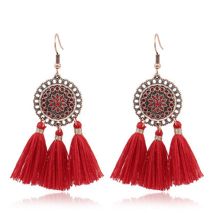 Red Geometric Tassel Earrings Bohemian Style