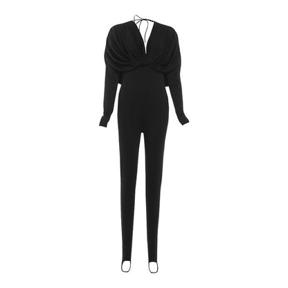 Sexy Deep V-Neck Slim Fit Solid Color Long Pants Jumpsuit