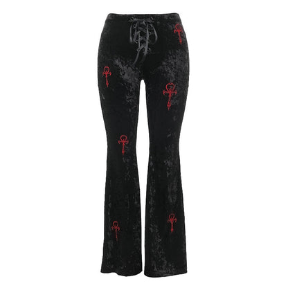 Casual High-Waisted Flare Pants with Cross Embroidery