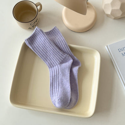 Solid Color Striped Thicken Plush Wool Crew Socks