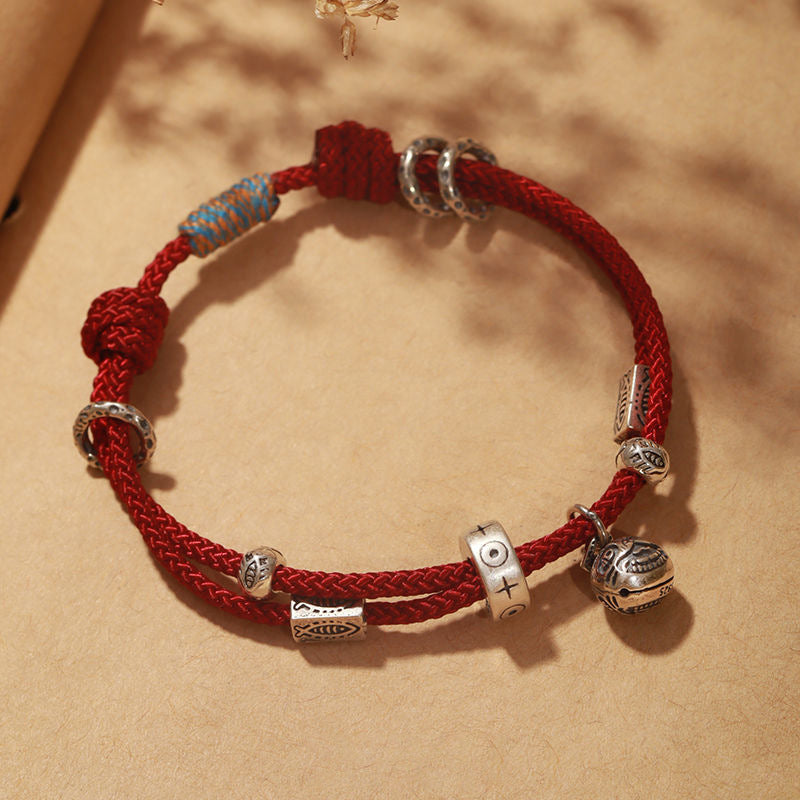 Classic Style Swallowing Gold Beast Woven Bracelet For Girls, Woven Rope Bracelet With Retro Red Rope