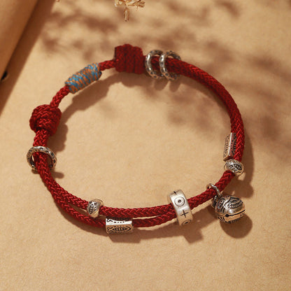 Classic Style Swallowing Gold Beast Woven Bracelet For Girls, Woven Rope Bracelet With Retro Red Rope