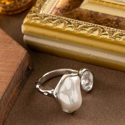 Elegant Design Adjustable Open Ring With Pearl And Zircon