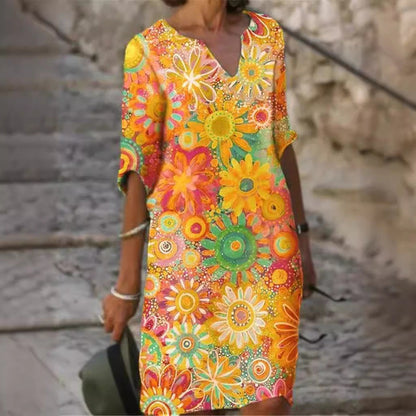 Two-Tone Printed V-Neck Loose Bamboo Dress