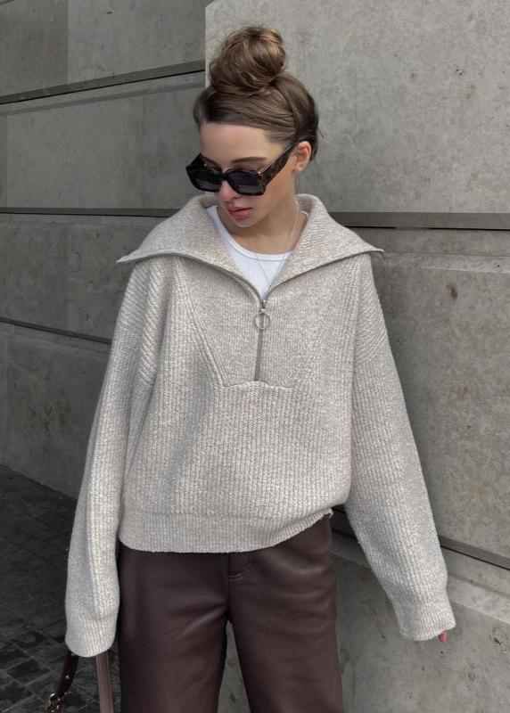 Ribbed Knit Half Zip Sweater With Oversized Collar