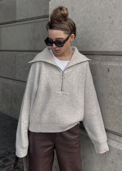 Ribbed Knit Half Zip Sweater With Oversized Collar