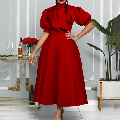 Elegant Solid Color Midi Dress With Bow Detail